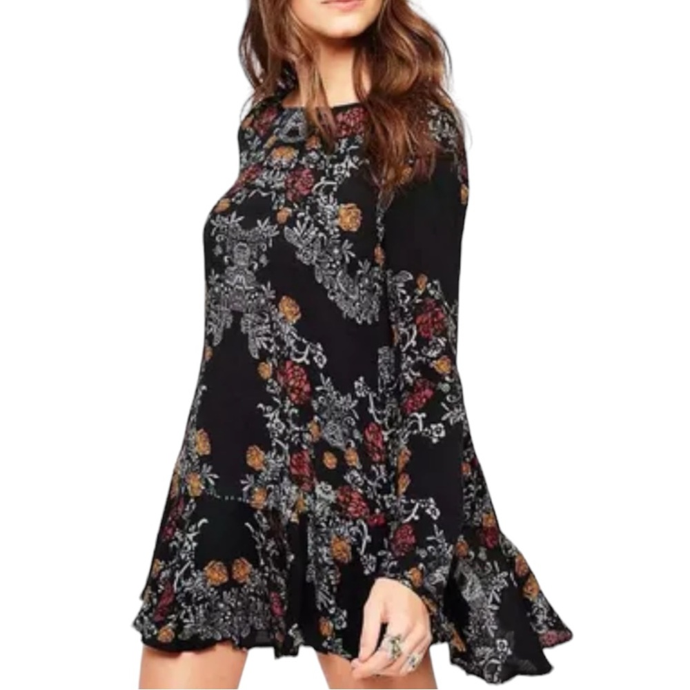 Free People Smooth Talker Tunic Dress Large Black Floral Motif Baroque Open Back